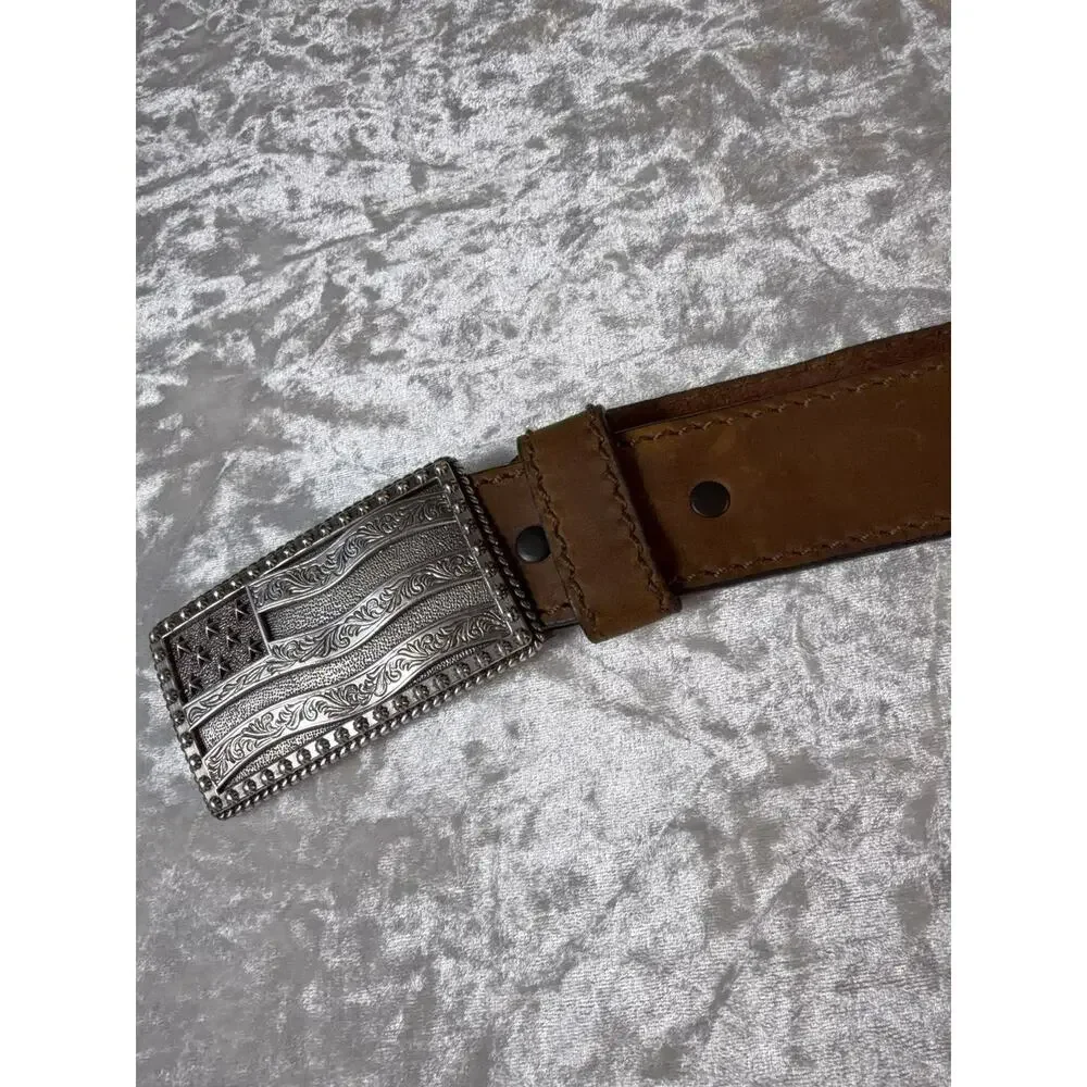 Justin USA Leather‎ Belt American Flag Western Buckle Brown Size 40 Cowboy